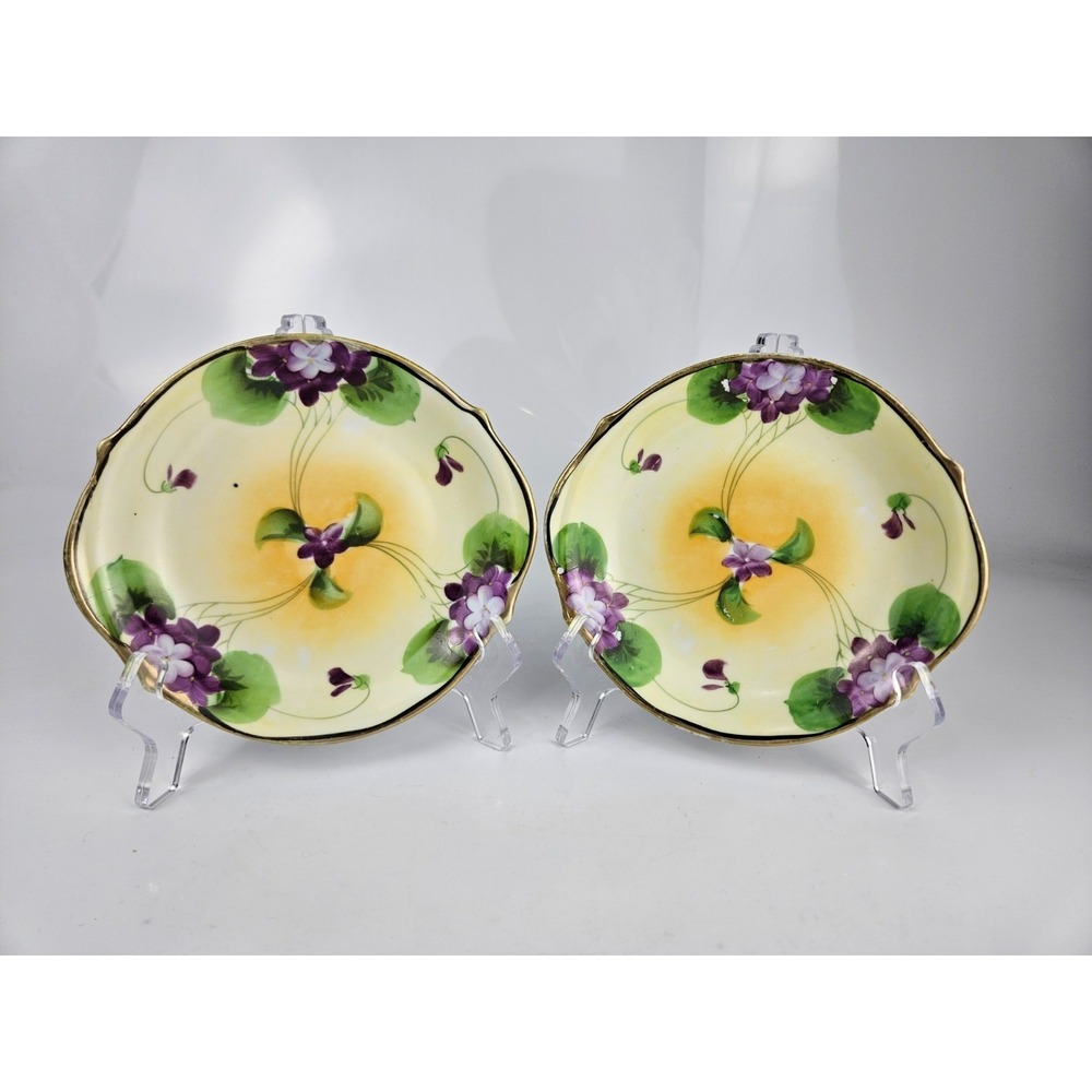Antique‎ Nippon E-OH Hand Painted Violet Dishes Pair Yellow Gold Rim 1891-1921